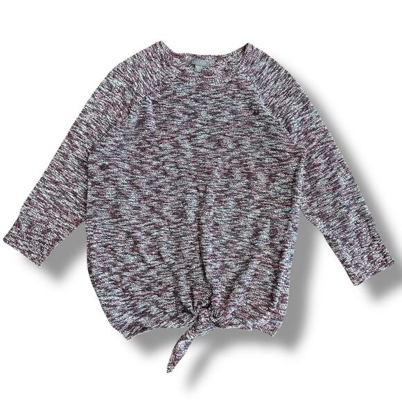 Lilla P Tie Front Sweater Small Marled Knit 3/4 Sleeve Burgundy White Black - Picture 1 of 8